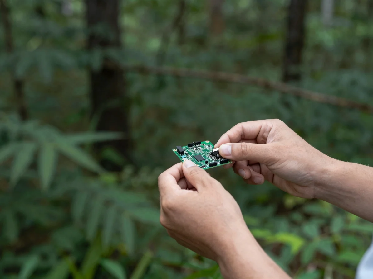 Hands of a technician examining a circuit board component, clean