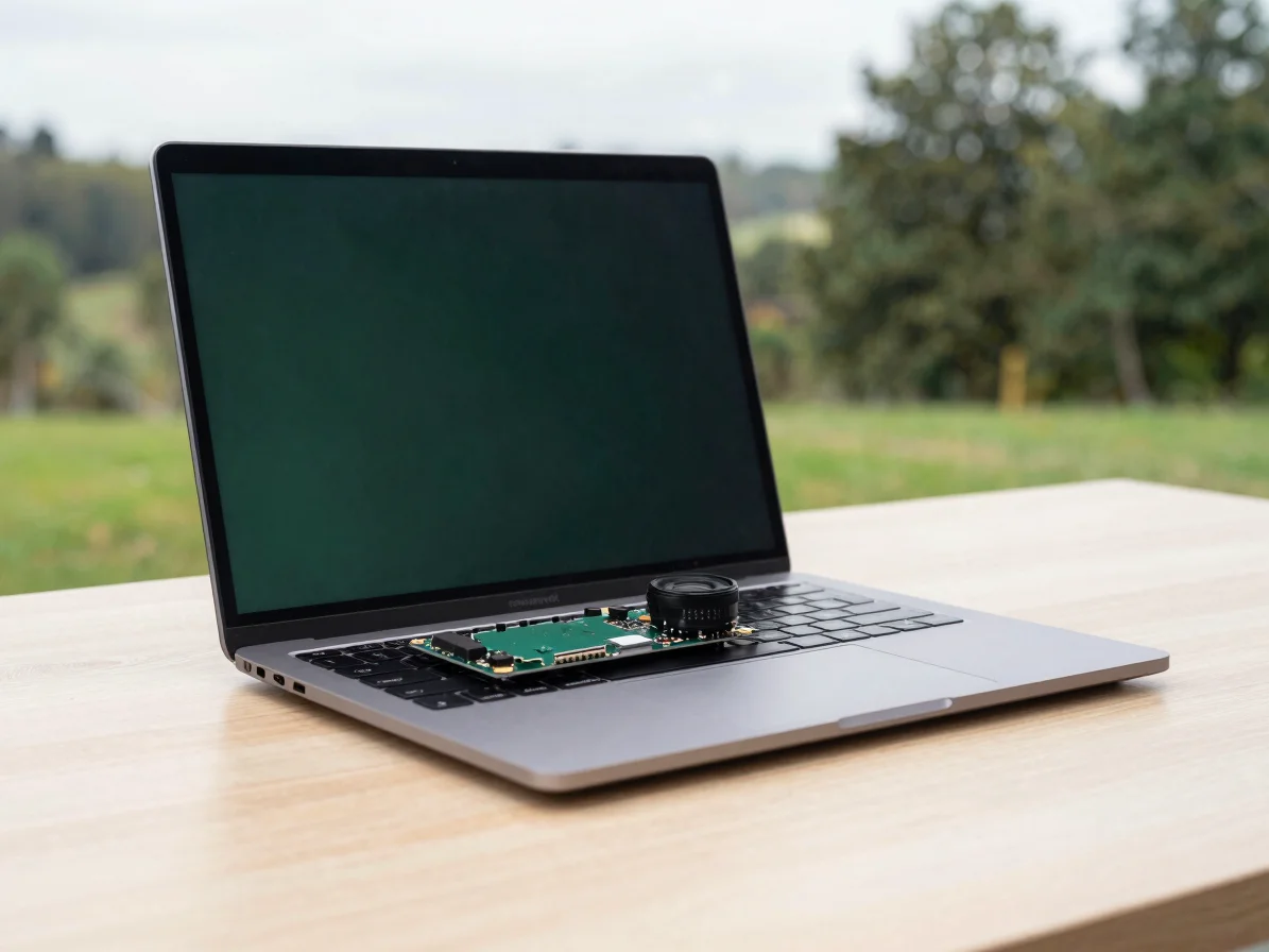 Clean shot of a Frame.work laptop, showing its modular components